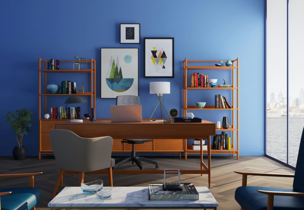 pexels-photo-667838-667838 Elegantly decorated home office with modern furniture and a blue wall.